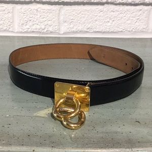 Moschino Black Leather Belt with Gold Heart Buckle